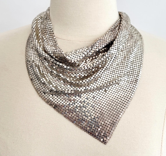 Vintage Whiting & Davis Silver Metal Mesh Necklace Scarf Bib Bandana
