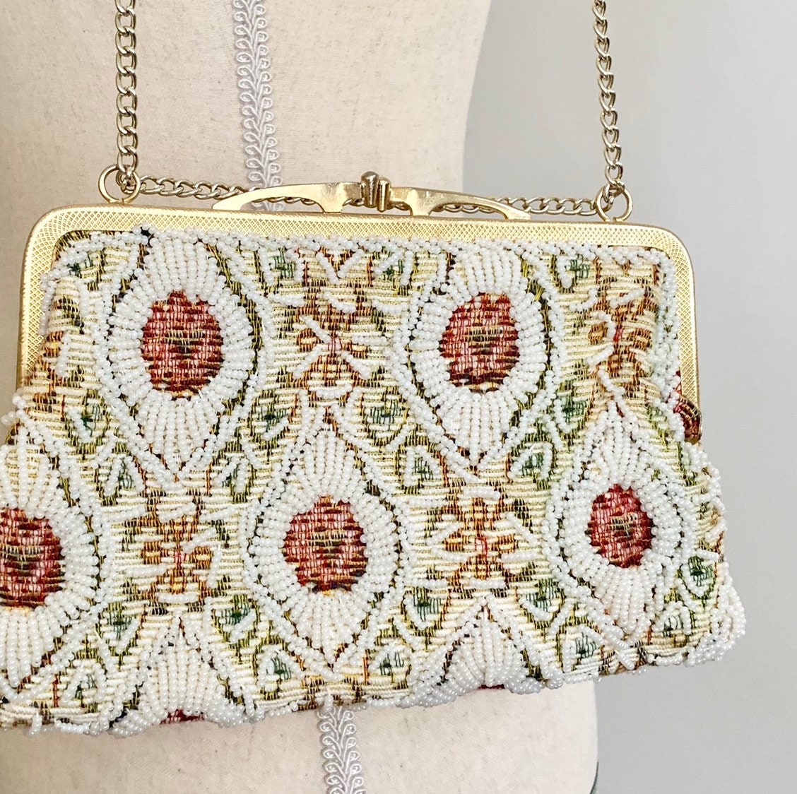 Walborg Tapestry Beaded Purse Hand Beaded in Hong Kong Vintage Wedding Bridal Floral Adjustable 