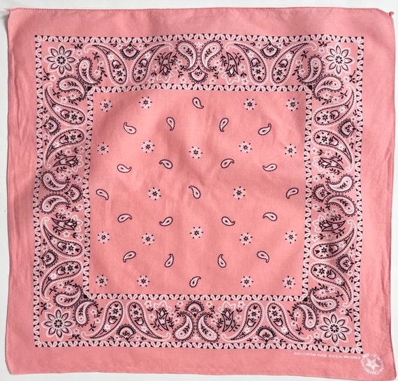 Vintage Salmon Pink Bandana Vintage 80s Made in USA Slightly Faded All Cotton Floral Paisley Print