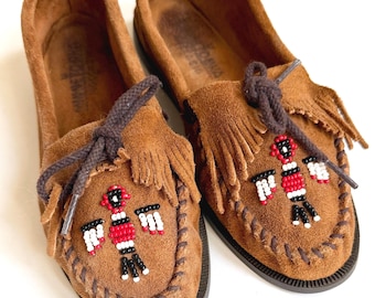 Vintage Minnetonka Moccasins Brown Sueded Leather with Thunderbird Beading