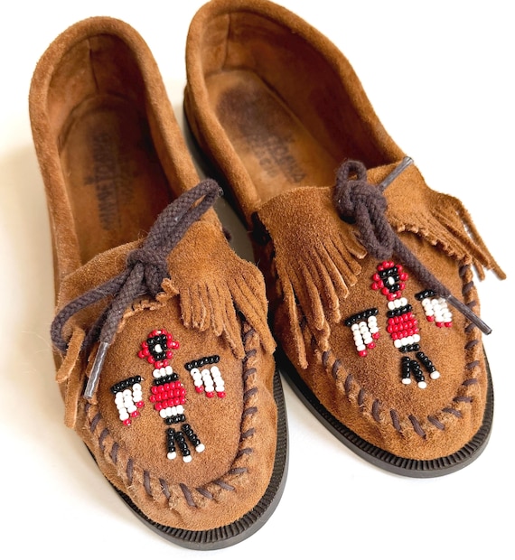 Vintage Minnetonka Moccasins Brown Sueded Leather with Thunderbird Beading
