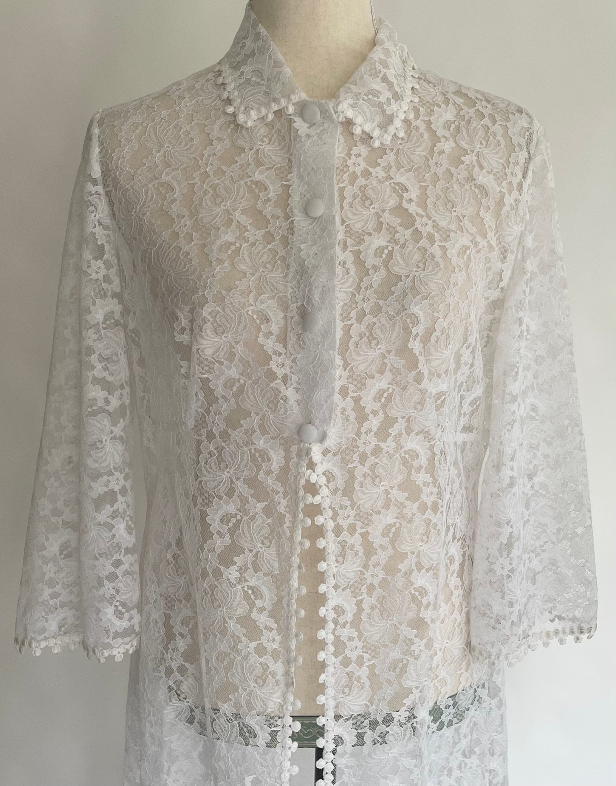 French White Lace Cover Up Topper Robe Mod Vintage 60s Long Sleeve ...