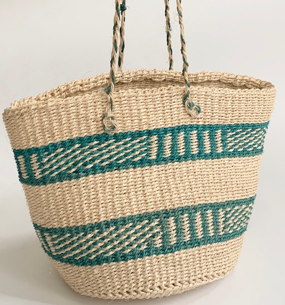 Vintage Sisal Bag Purse Open Top Braided Strap Natural White Aqua Turquoise Spring Summer Boho