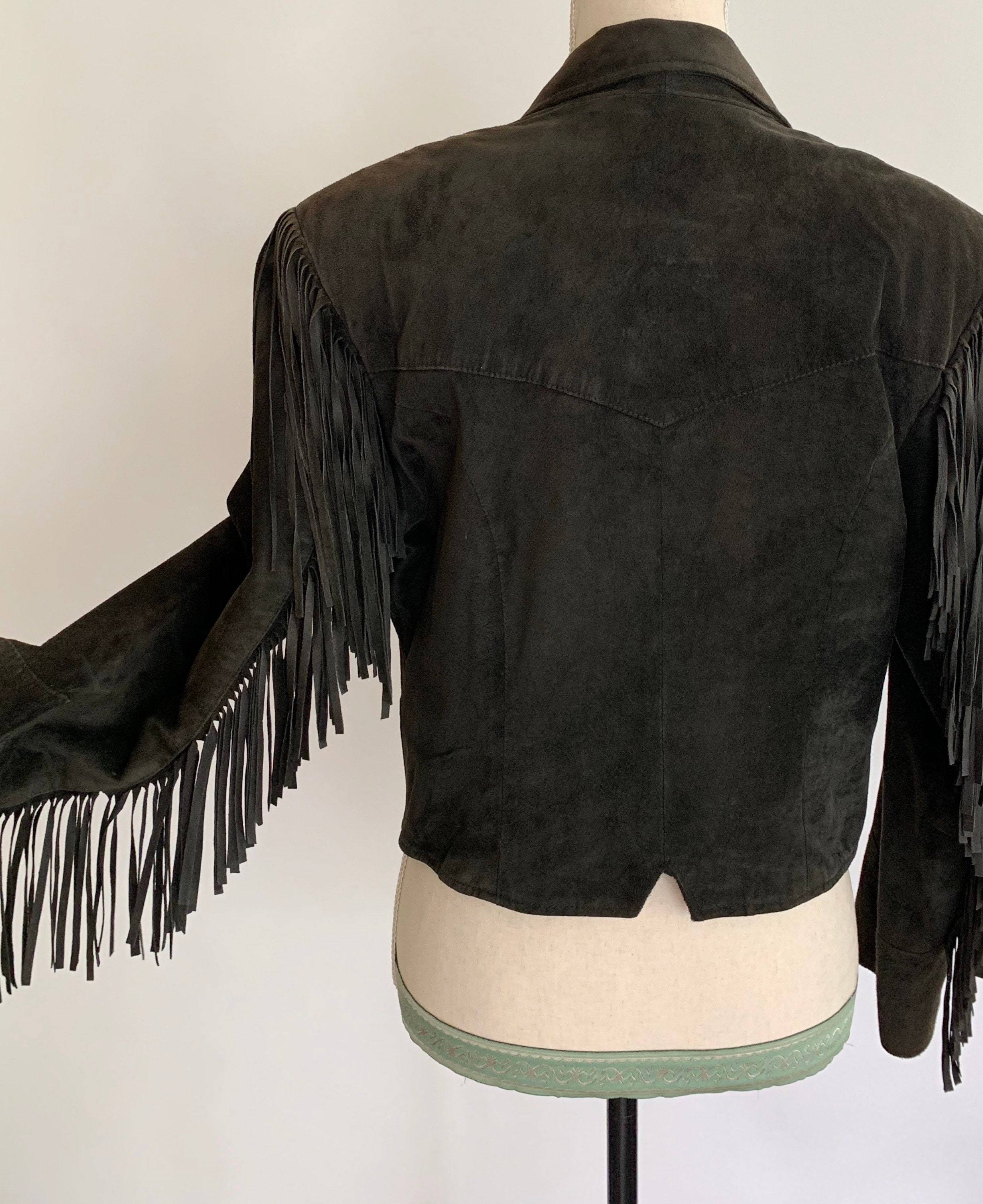Black Suede Jacket Fringe Details Along Arms Vintage 80s Pioneer Wear
