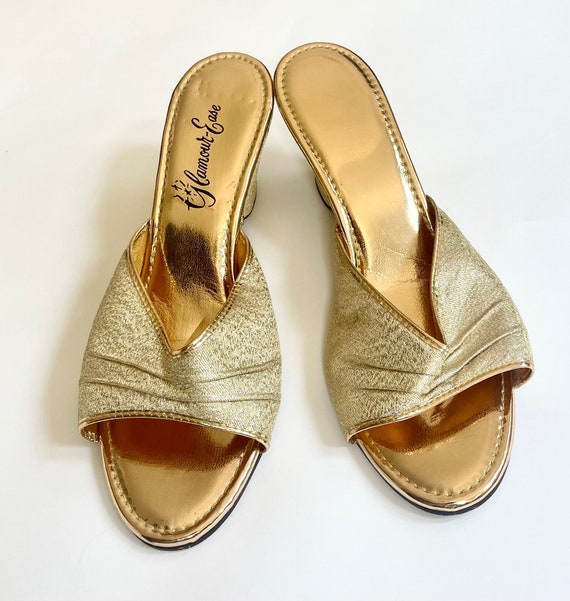 Gold Lame Mules Bedroom Slippers Dress Slides Vintage 60s Glamour Ease Great Condition Little Wear Wedge Heel Size 8