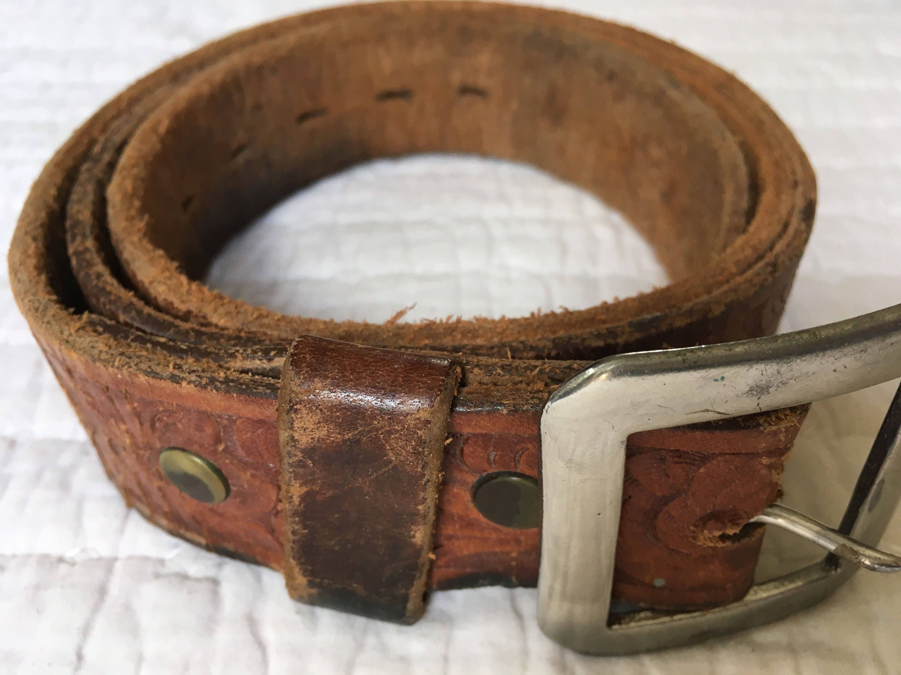 Vintage Men s Leather Belt Tooled Leather Very Distressed Brown Strap Western Western Style