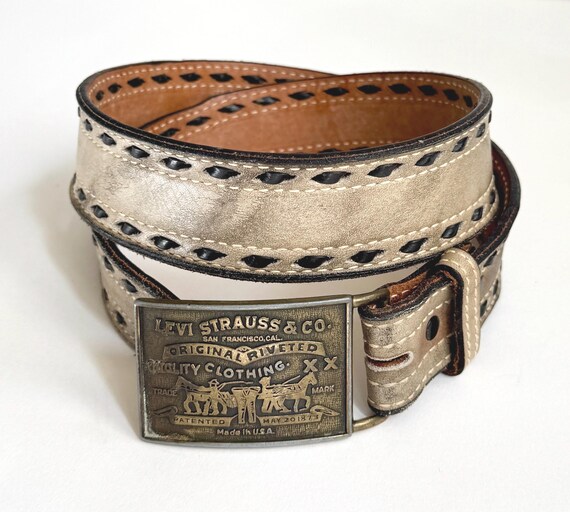 Old Levi's Belt Buckle on Vintage Nocona Leather Strap Worn Brass Levi Strauss & Co Made in USA Soft Distressed Leather Size 34