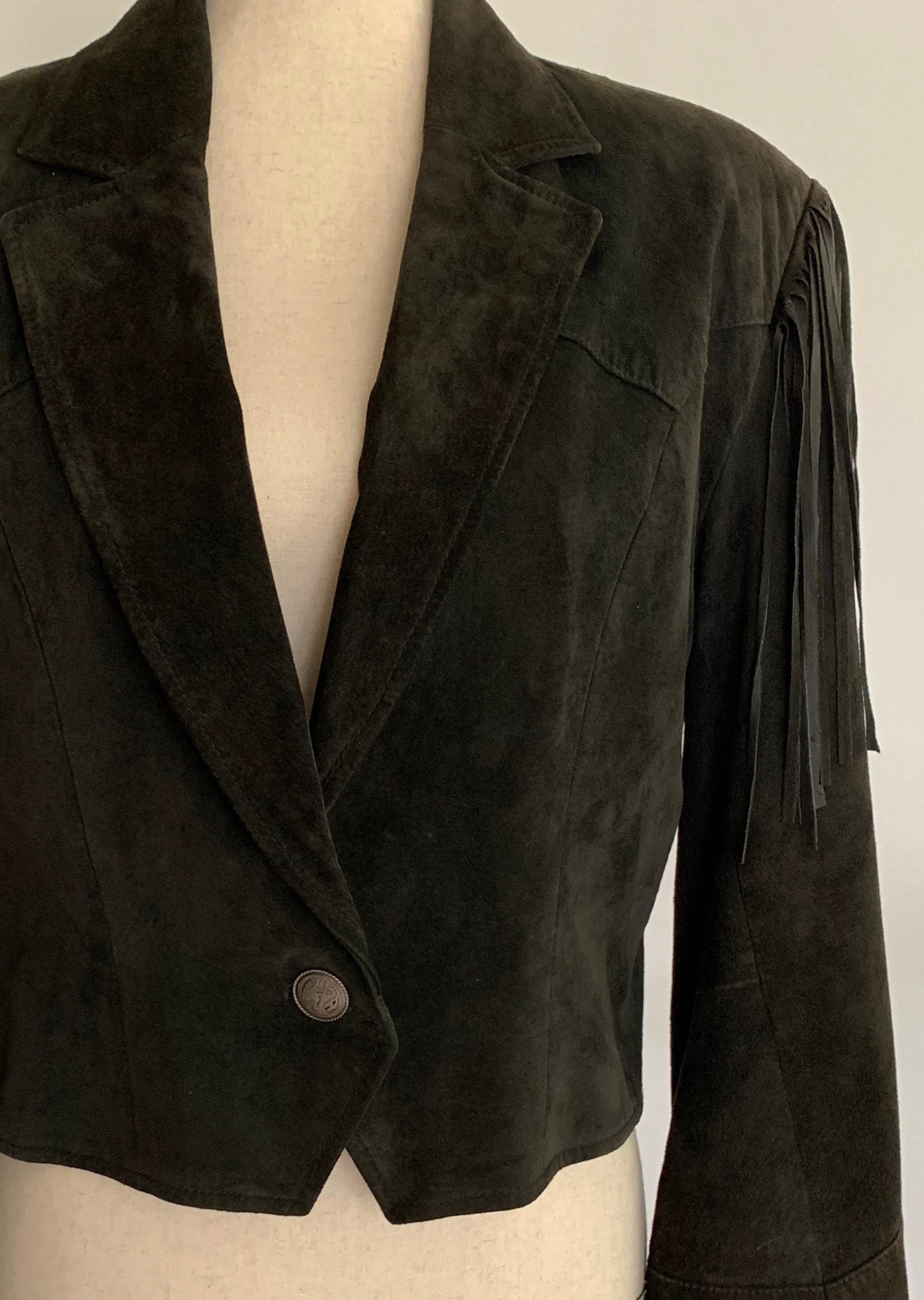 Black Suede Jacket Fringe Details Along Arms Vintage 80s Pioneer Wear