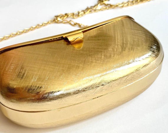 Vintage Rodo Italy Gold Box Purse Metal Evening Bag with Chain Strap