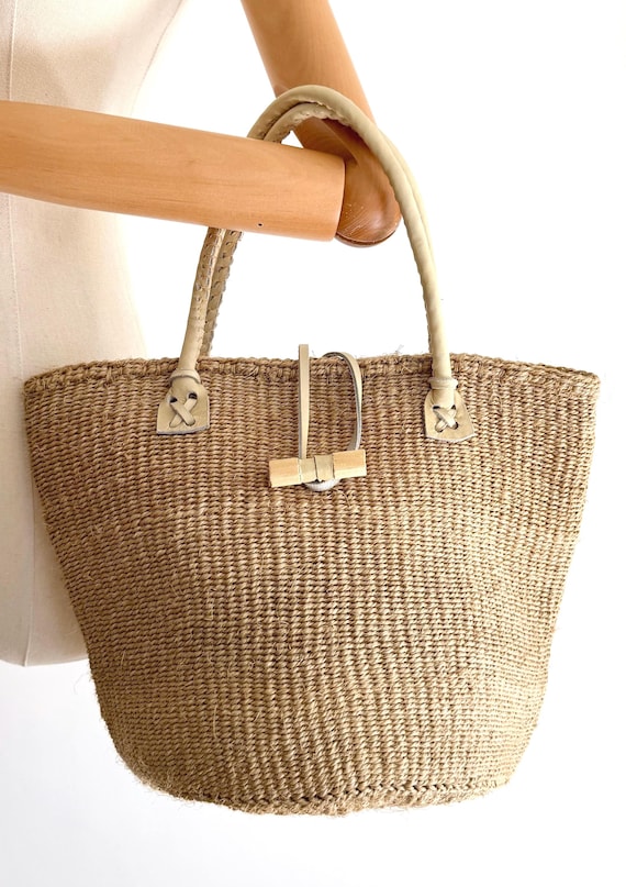 Vintage Neutral Beige Sisal Bag with Leather Straps