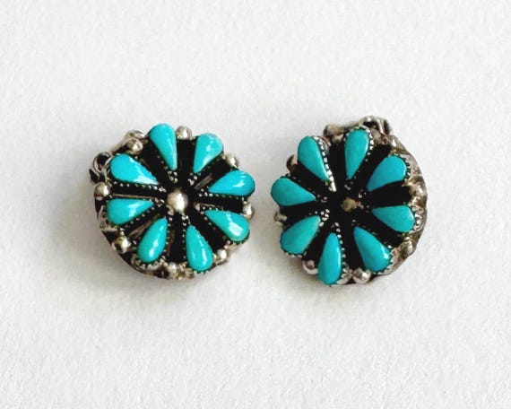 Needlepoint Turquoise Stud Earrings Antique Vintage 30s 40s Native American Zuni Sterling Silver Petit Point Floral Flower Small Clip On
