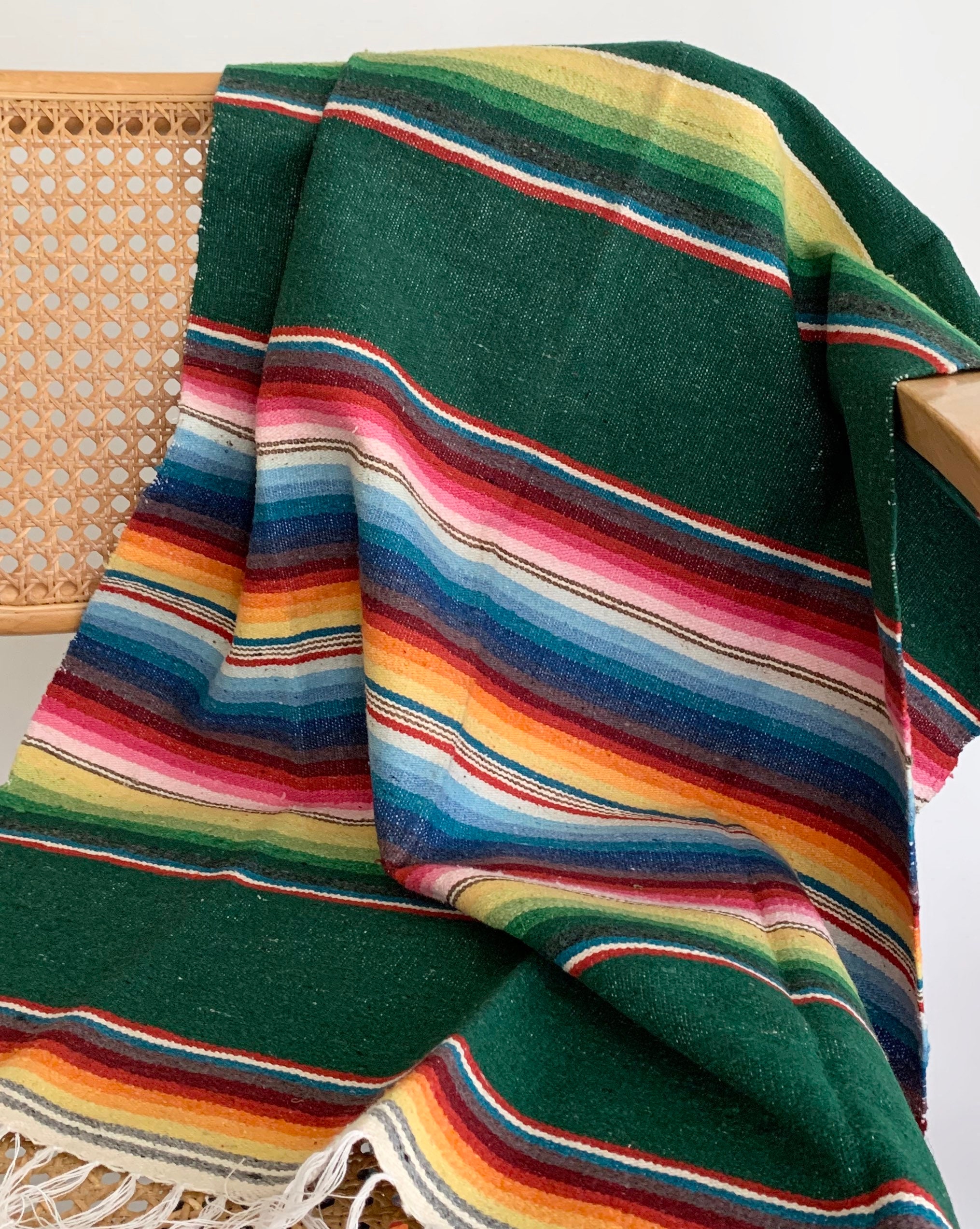 Mexican Serape Throw Blanket Vintage Hand Woven Cotton Made in Mexico