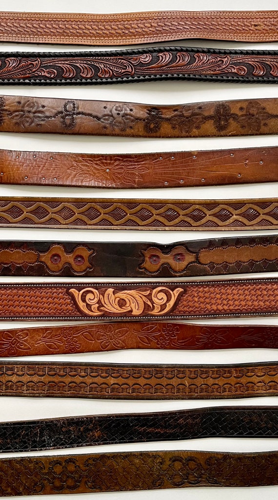 Western Tooled Leather Belt Distressed Leather Go… - image 5