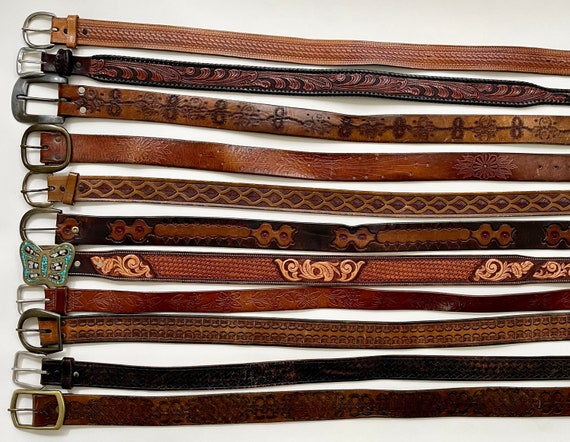 Western Tooled Leather Belt Distressed Leather Go… - image 1