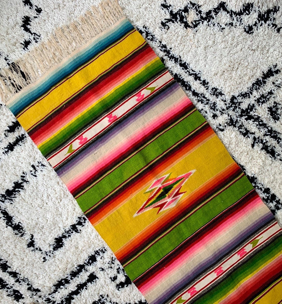 Antique Serape Saltillo Hand Woven Runner Textile Mat Wall Hanging Rug