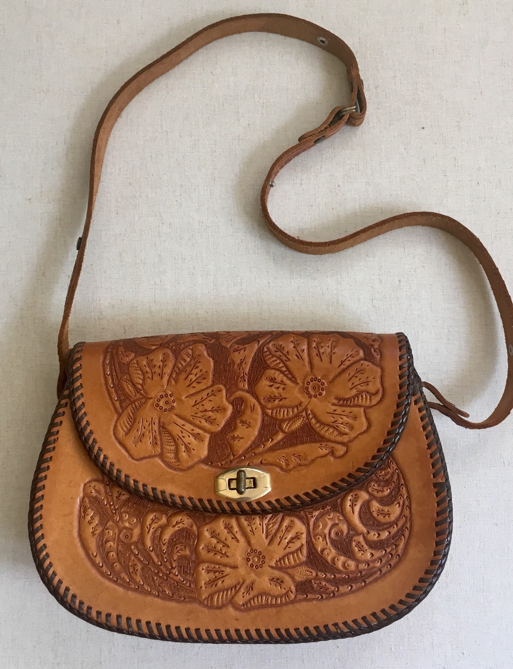 Tooled Leather Purse Handbag Vintage 70s Floral Adjustable Strap Cross ...