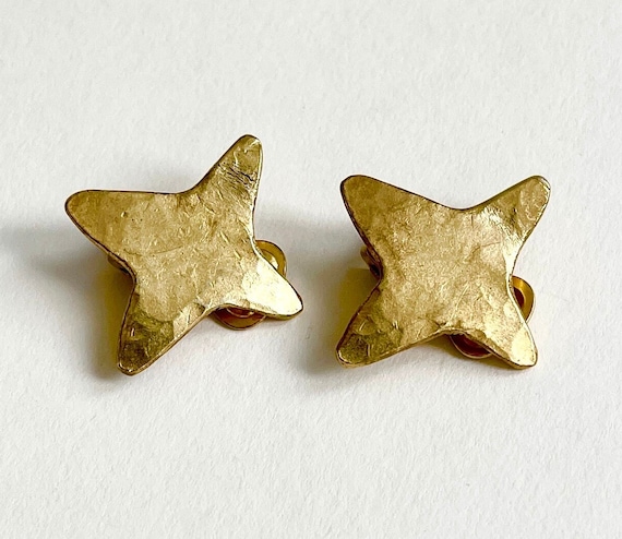 French Gold Star Earrings Vintage Signed Paris Fra