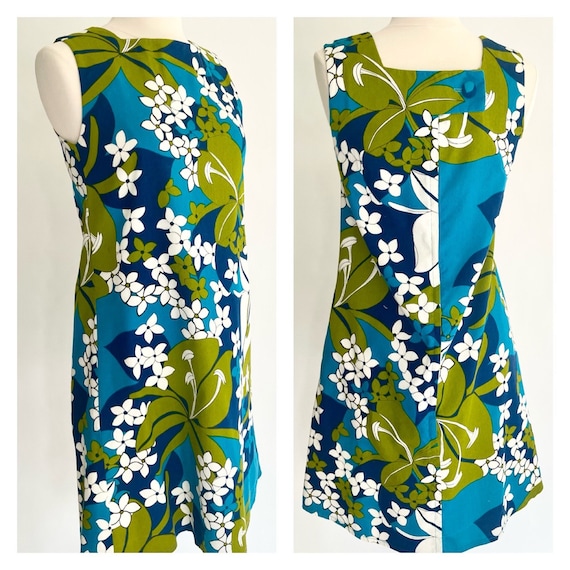 Mod 60s Mini Dress Tropical Hawaiian Floral Print Short Hem Sleeveless Blue White Flowers Summer Party Dress XS