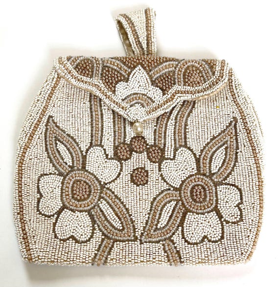 Antique Beaded Finger Purse Bag Wedding Bridal Heirloom Purse Something Old Handmade Ivory Pearl Gold Floral Beadwork