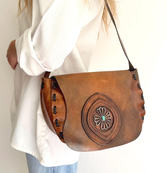 Sterling Silver Turquoise Purse Shoulder Bag Vintage Handmade Distressed Worn Brown Leather Western Southwest Navajo Cast Sterling Accent