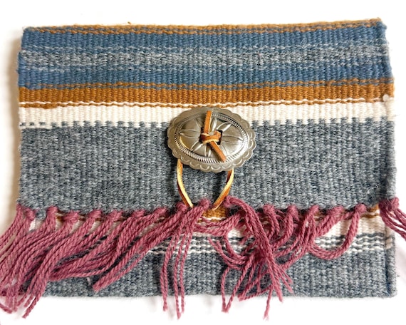 Vintage Chimayo Clutch Bag New Mexico Southwest Handwoven Gray White Wool Pouch