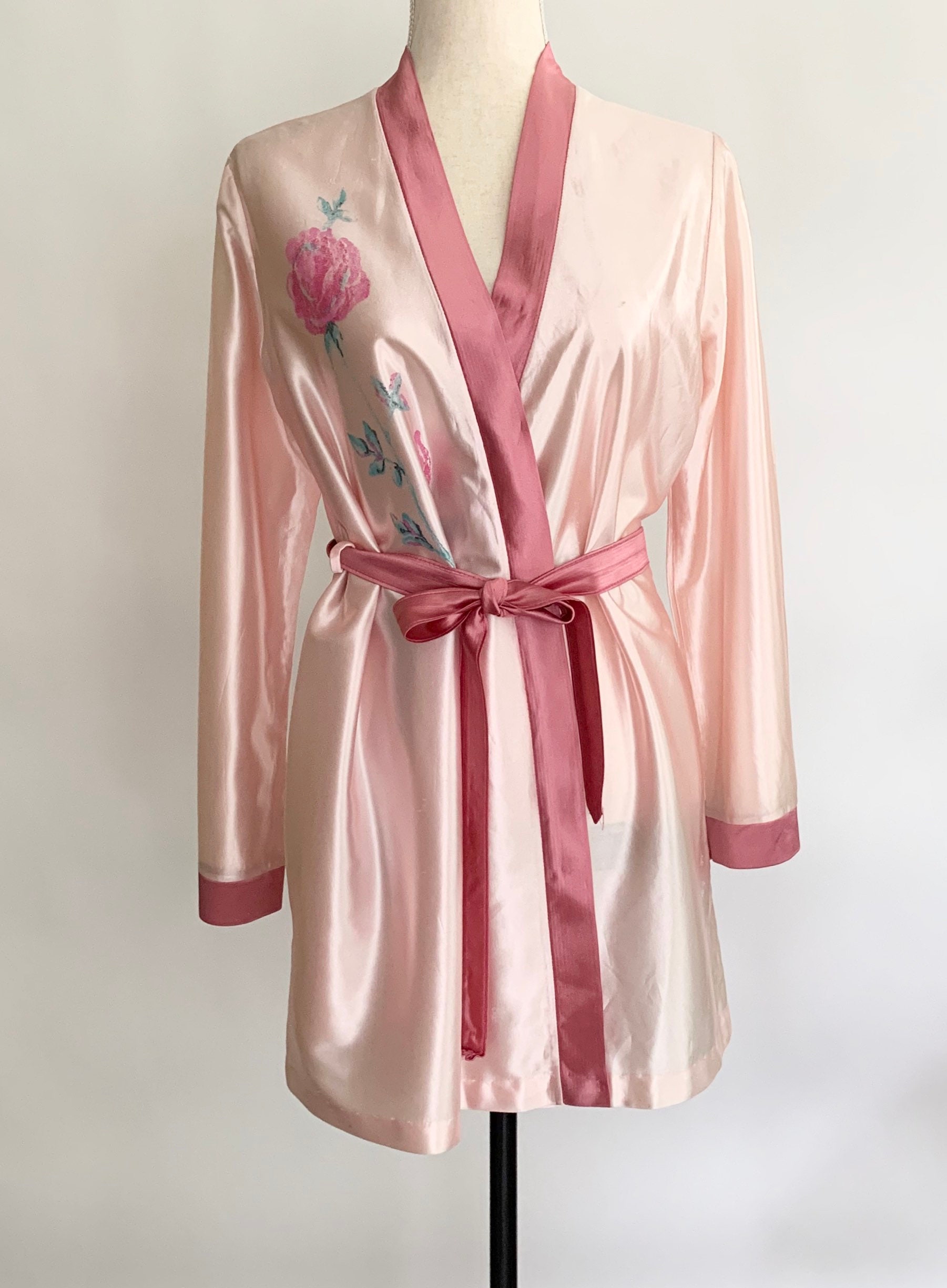 Short Pink Satin Robe Faded Rose Floral Print Graphic Vintage 70s ...