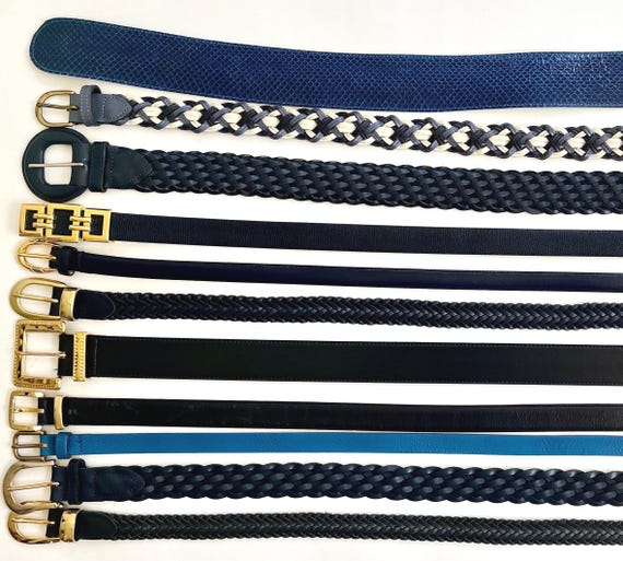 Vintage Blue Leather Belt Solid Plain Minimalist Leather Belts Vintage Women's Belts Braided Woven Reptile Snakeskin Navy Midnight Blue