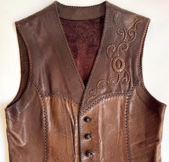 Handmade Scorpion Leather Vest Vintage Western Cowboy Rugged Two Tone Brown Tan Leather Vest Distressed Aged