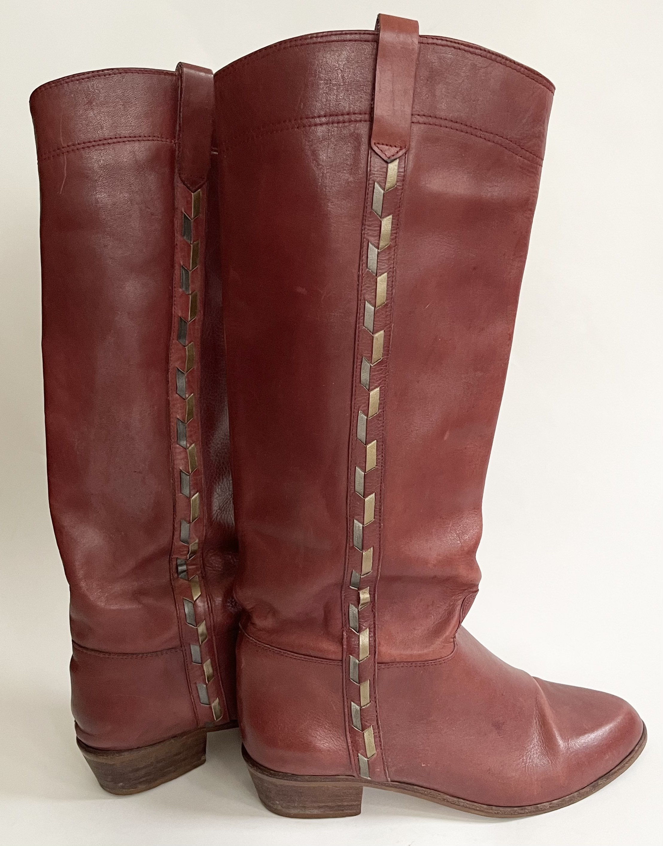 70s Oxblood Leather Boots Tall Boots Womens Boots Vintage Made in Brazil Metallic Leather Detail 