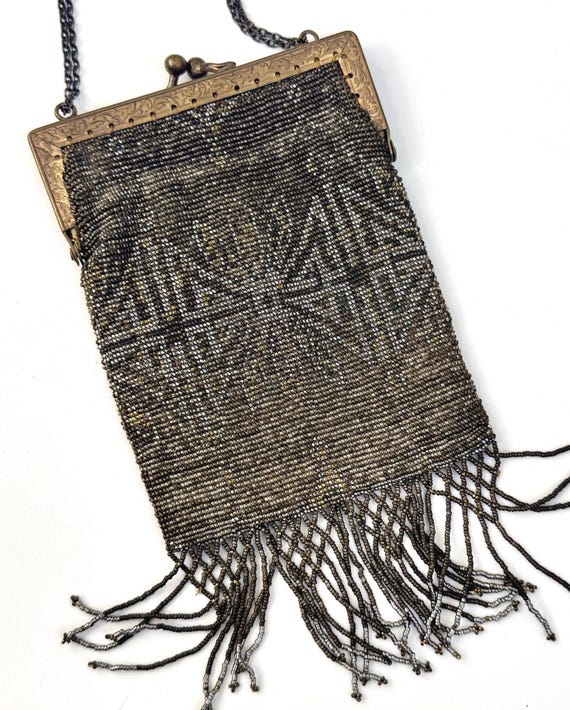 French Art Deco Flapper Fringe Bag Purse Wristlet Antique Historical 1910s 20s Heavy Metallic Gold Silver Tone Micro Bead Chain Strap