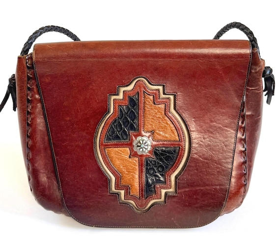 70s Wyly's Western Bag Vintage 70's Wyly's Leather Shop Tuscon AZ Vintage Handmade Decorative Inlay Navajo Sterling Silver Turquoise Concho