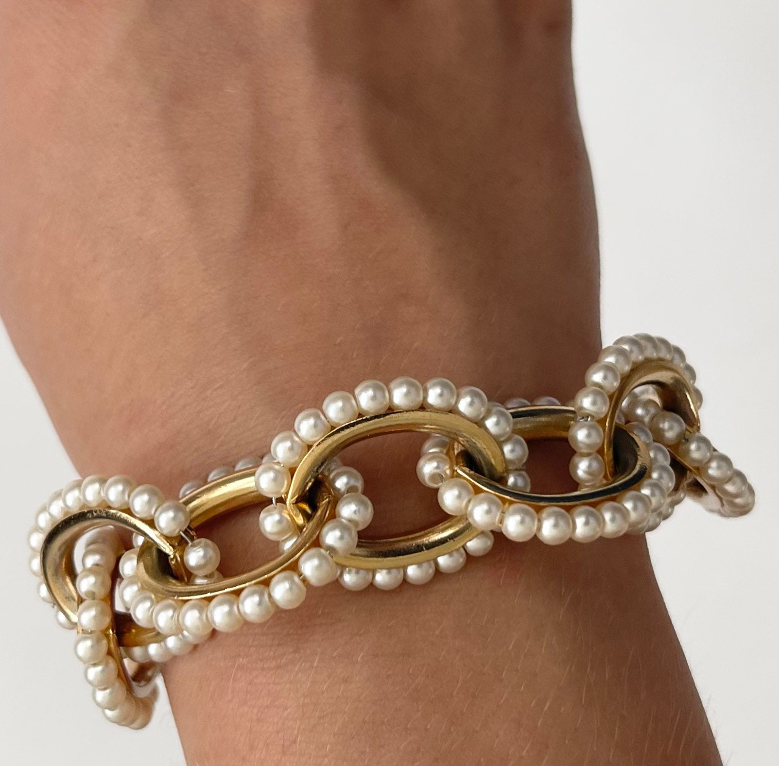 Pearl Gold Link Bracelet Vintage 80s Napier Gold Tone Chain Metal Link