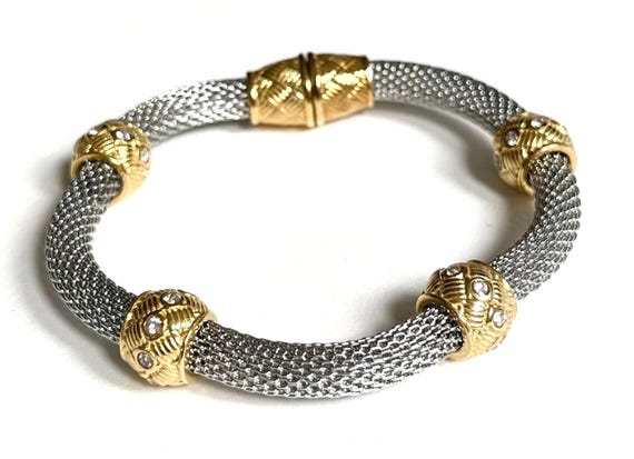Slinky Metal Mesh Bracelet Vintage Two Tone Gold Silver Tone Tiny Clear Crystal Accents Costume Jewelry