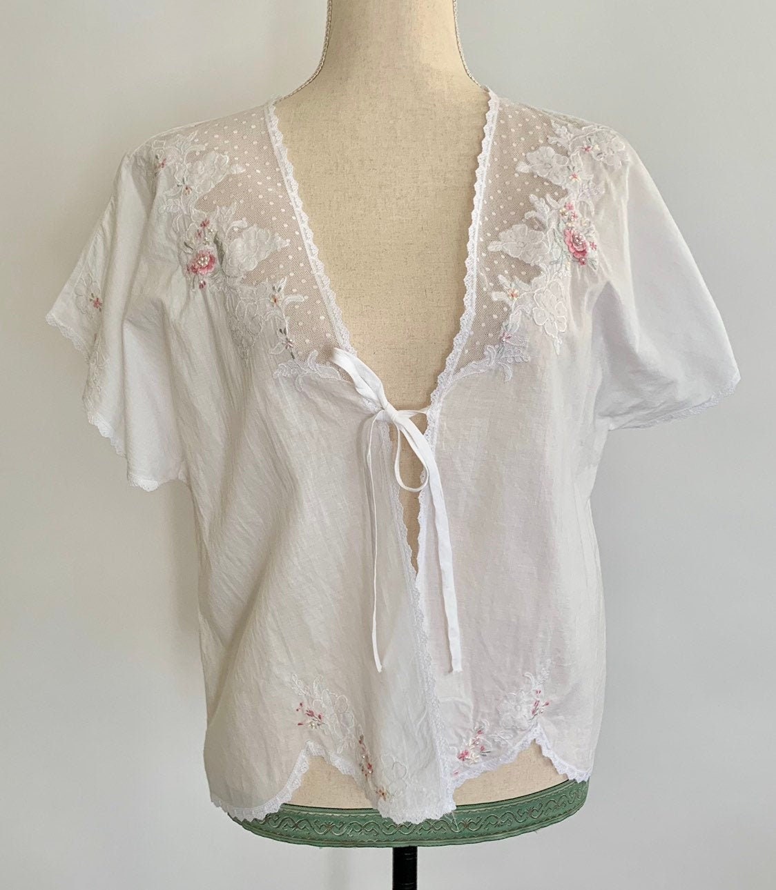 White Cotton Bed Jacket Vintage Sara Beth Sleepwear Kimono Cover Up Top
