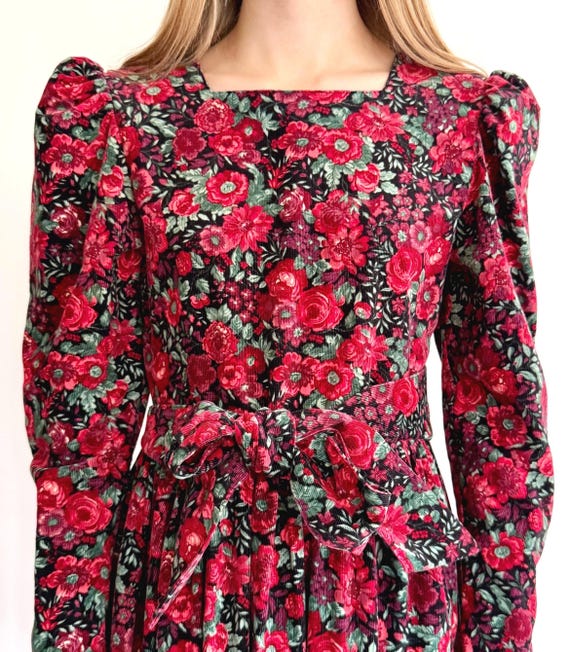 Vintage Laura Ashley Prairie Dress Soft Red Floral Rose Print Cotton Corduroy Made in Great Britain