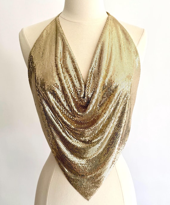 Gold Metal Mesh Top Tie Neck Backless Halter Vintage 70s 80s Heavy Chain Mail Disco Glam Party Cocktail Clubwear Likely Whiting and Davis