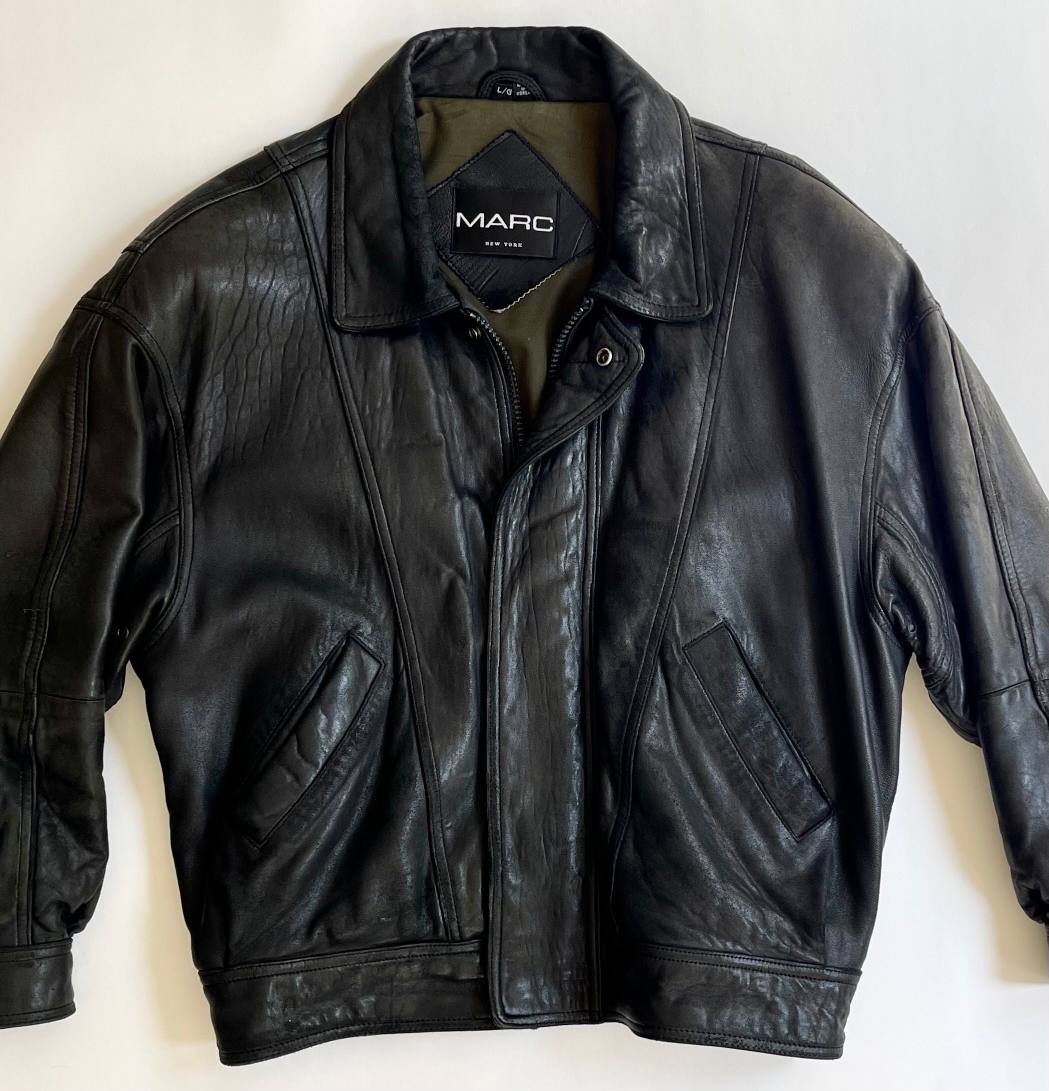 80s Leather Bomber Jacket Buttery Soft Matte Black Leather Vintage Marc New York Bomber Flight Airforce Style Soft Made in Korea Mens L 80s Leather Bomber Jacket Buttery Soft Matte Black Leather Vintage Marc New York Bomber Flight Airforce Style Soft Made in Korea Mens L