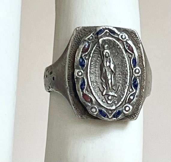 Religious Mexican Biker Ring Band Vintage Sterling Silver Enamel Saint Guadalupe Virgin Mary Icon Signet Pinkie Ring Made in Mexico 6.75