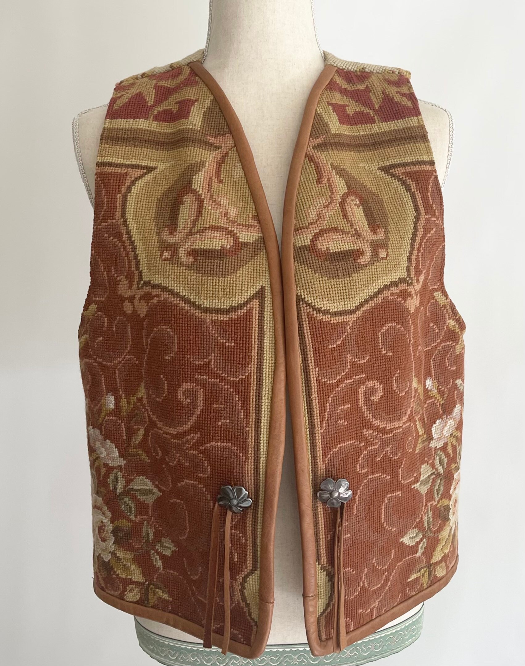 Boucher Santa Fe Vest Hand Stitched Wool Floral Needlepoint Tapestry