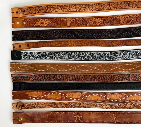 Vintage Leather Belt Strap 28 30 32 Genuine Leather Snap On Detachable Brown Black Floral Tooled Distressed Rugged Western