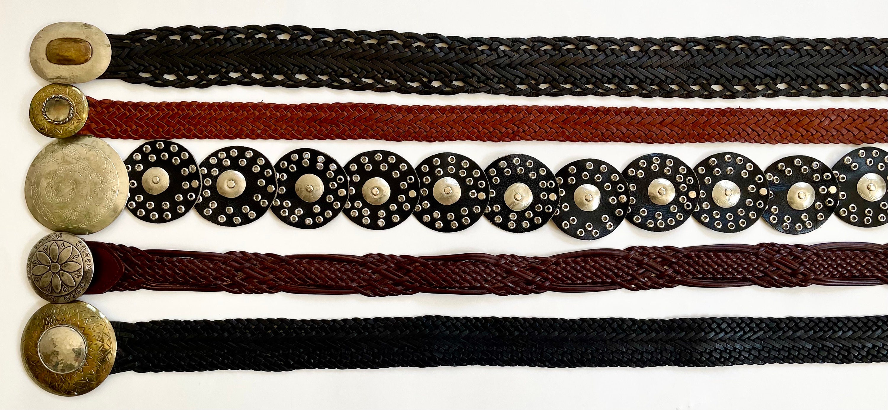 Woven Leather Waist Belt Vintage 60s 70s Ethnic Boho Morocco Black Brown Braided Round Disc