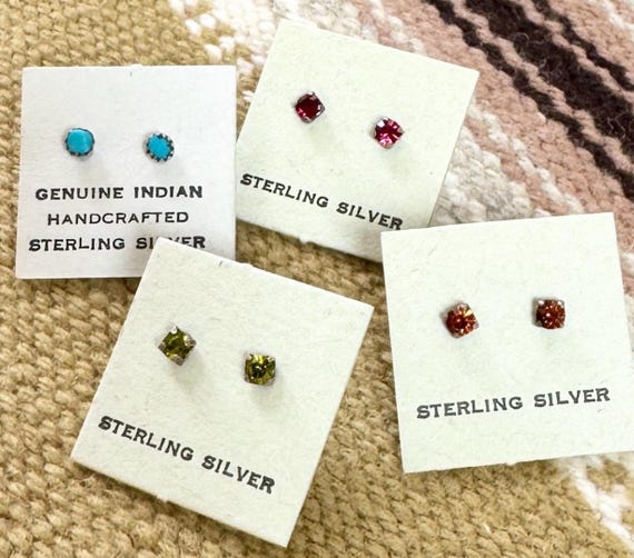 Sterling Silver Stud Earrings Old Stock NOS Deadstock Vintage Hand Crafted Native American Studs Turquoise Dark Pink Green Amber Crystal
