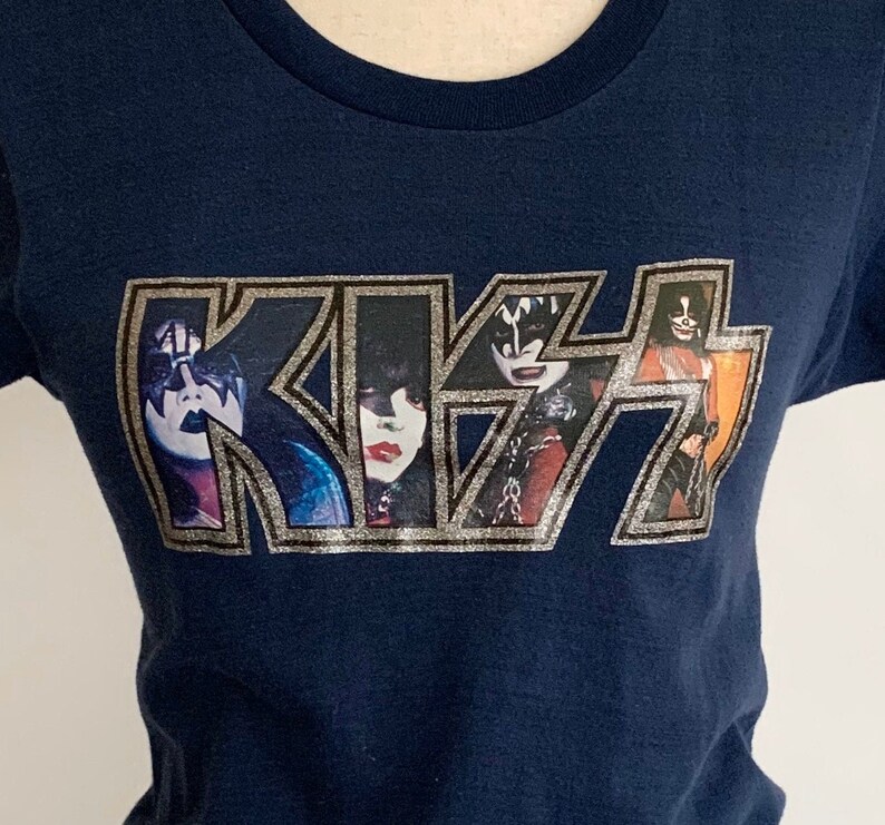 Vintage KISS T Shirt 70s Glitter Iron On Transfer Soft 50 50 Poly Cotton Rare Graphic Tee Dark Midnight Blue Made in USA Size XS S