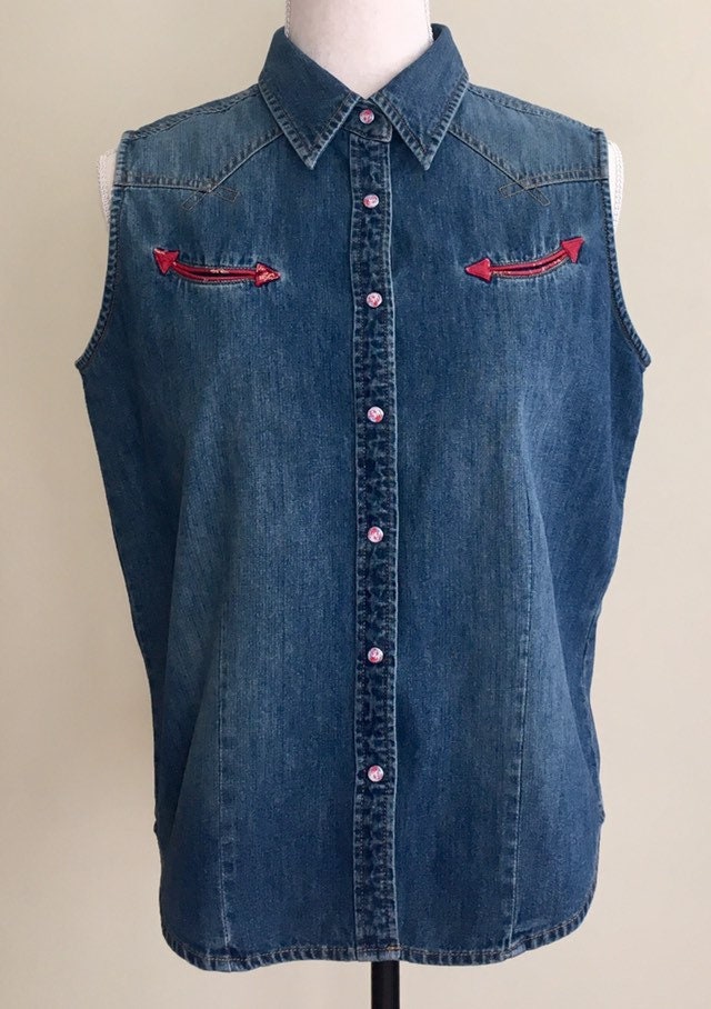 Western Denim Sleeveless Shirt Women's Snap Shirt Red Bandana Details