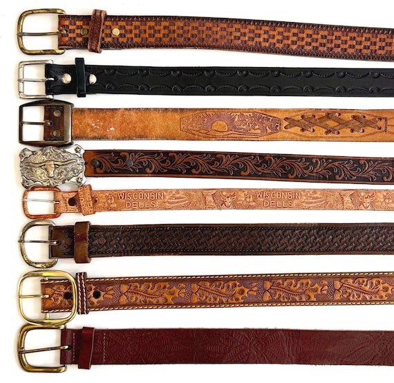 Vintage Western Tooled Leather Belt Black Brown Leather Strap
