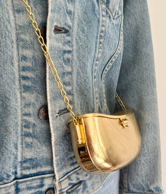 Rodo Italy Gold Bag Purse Hard Shell Box Purse Chain Strap Vintage Designer Crossbody Evening Bag Brushed Textured Gold Tone
