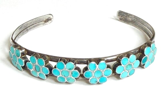 Antique Dishta Turquoise Cuff Bracelet Native American Handcrafted Floral Flush Inlay