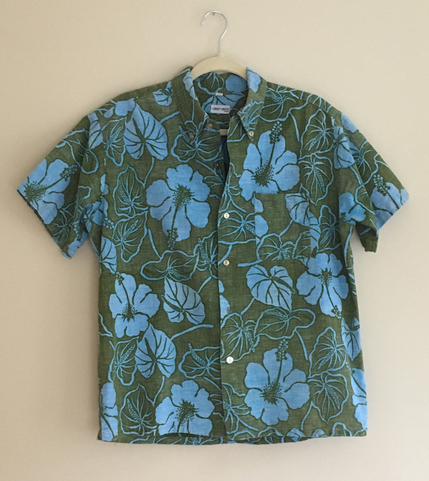 Aloha Hawaiian Tiki Shirt Vintage 60s Liberty House Blue Green Hibiscus ...