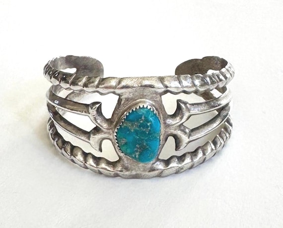 Wide Turquoise Cuff Bracelet Cast Sterling Silver Southwest Native American Open Ornate Band Oval Heavy 52g