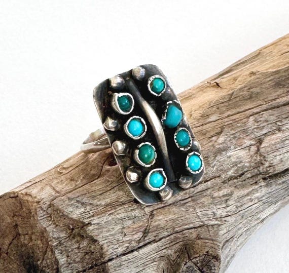 Antique Zuni Turquoise Ring 30s 40s Native American Handcrafted Sterling Silver Snake Eye Set Stones Size 7.5